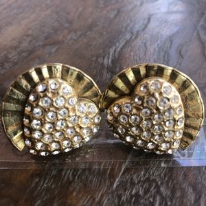 Gold with rhinestone heart earrings in an art deco style, clip-on